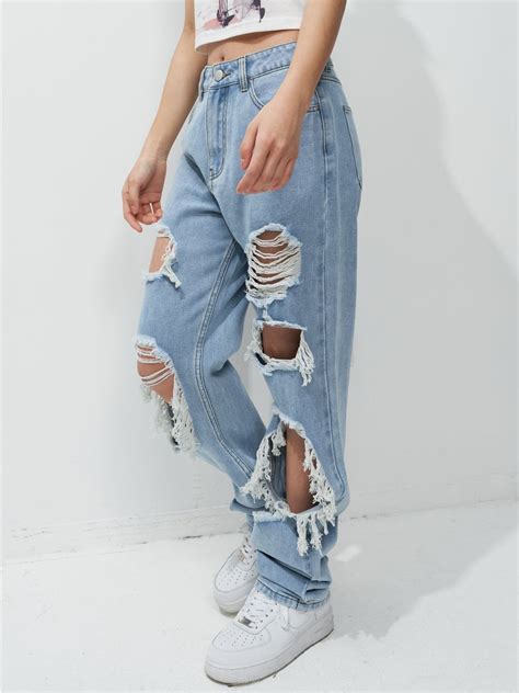 emmiol kostenloser versand 2023 zerrissene freund jeans mit hoher taille blau m von zerrissene