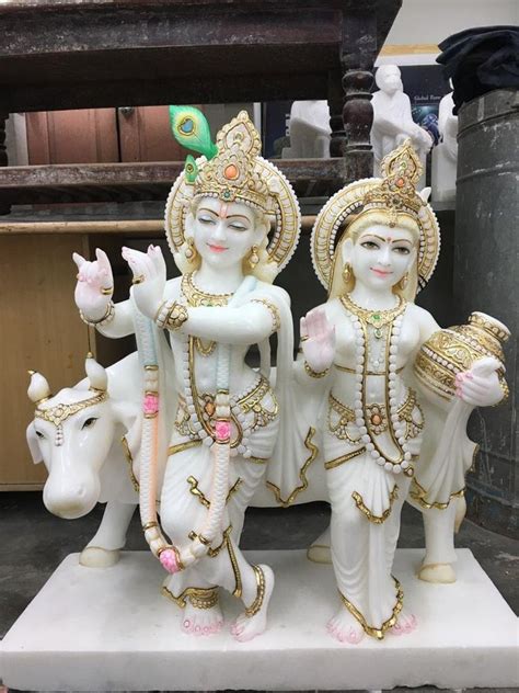 Painted Hindu White Marble Radha Krishna Statue For Home Size 12inch