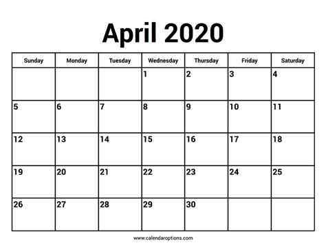 Select any style you want then download and print. April 2020 Calendar - Calendar Options
