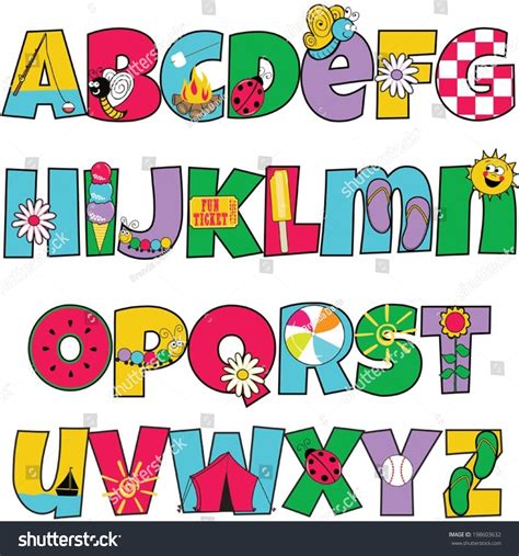 Colorful Kids Alphabet Summer Themed Letters 스톡 벡터로열티 프리 198603632