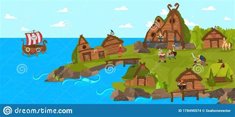 Vikings And Scandinavian Warriors Settlement Funny Cartoon Vector