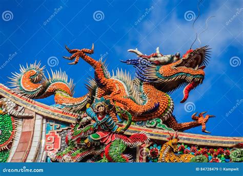 Beautiful Chinese Dragon Sculpture On The Roof At Lungshan Temple Of