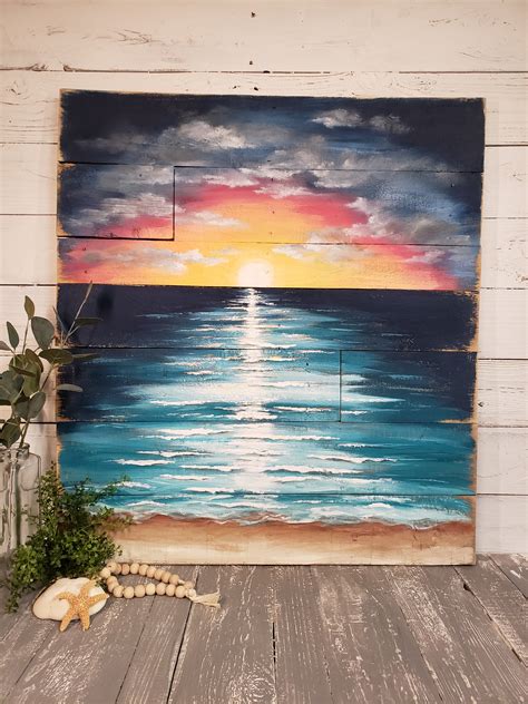 Pallet Beach Wood Art Sunset Painting Hand Painted Barnwood Seascape