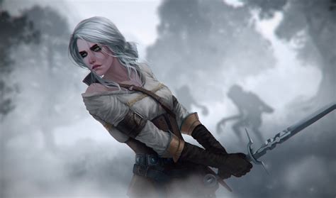 Download Green Eyes Silhouette White Hair Sword Woman Warrior Ciri The Witcher Video Game The
