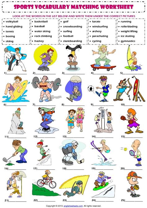 Sports Vocabulary Matching Exercise Worksheet