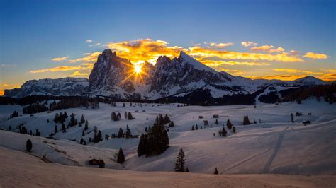 Winter Paradise Sunrise At Alpe Di Siusi Seiser Alm Dolomites