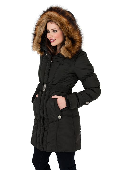 Womens Mid Length Padded Parka Coat Faux Fur Hooded Jacket Ladies Size