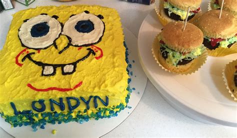 spongebob cake and krabby patty cupcakes i made for my nieces 10th birthday cupcake cakes
