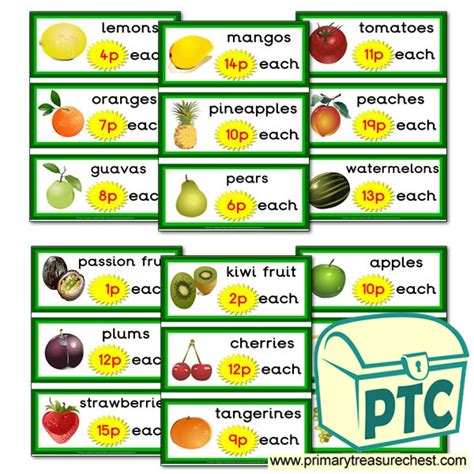greengrocers role play fruit prices flashcards 1 20p primary treasure chest