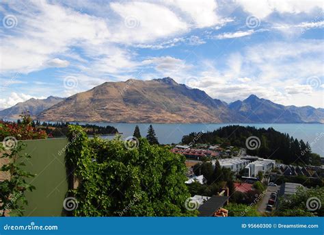 Beautiful View Of Queenstownand X27s Town Lake And Mountains Stock