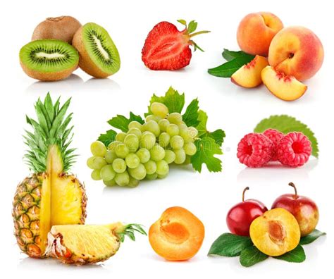 Set Fresh Fruits With Green Leaves Stock Image Image Of Still