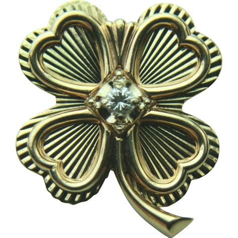 Vintage 14k Solid Gold Four Leaf Clover Shamrock And Diamond Pin From