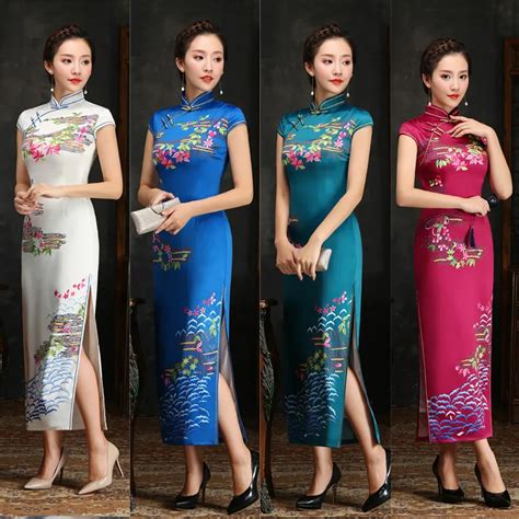 2017 red qipao blue qi pao long cheongsam fashion chinese traditional dress evening oriental