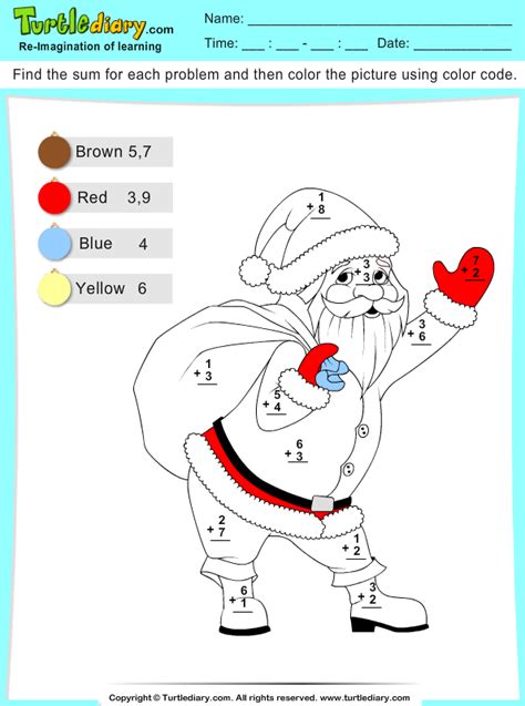 Download And Print Turtle Diarys Color By Sum Santa Worksheet Our