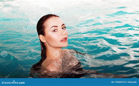 Beautiful Young Woman Swimming In The Pool Portrait Attractive
