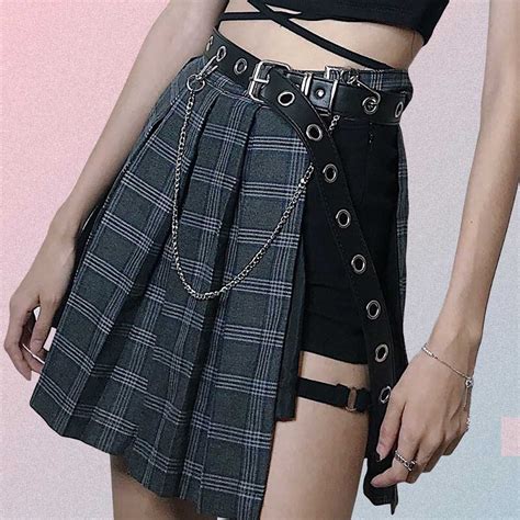 Plaid Pleated Skirt Black Shorts Belt 3in1 Skorts Set Goth Aesthetic Shop