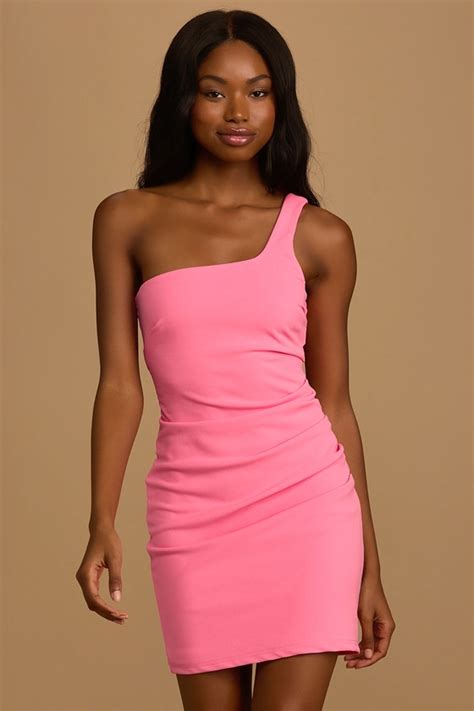 Bright Pink Mini Dress Bodycon Mini Dress One Shoulder Dress Lulus