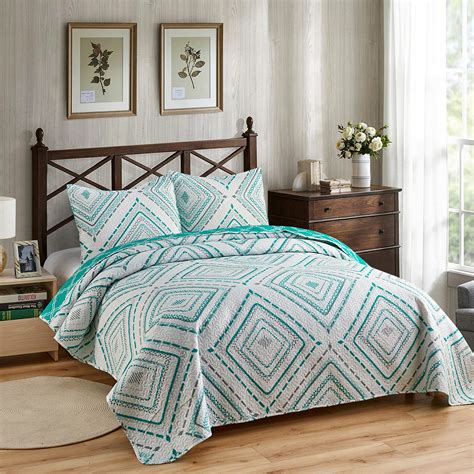 Green Diamond Printed 3 Piece Quilt Bedding Set, Full/Queen Size Bedspread Lightweight ...