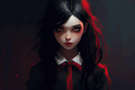 Premium Ai Image A Girl With Long Black Hair And Red Eyes