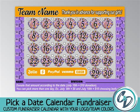Cheerleading Fundraiser Calendar Pick A Date Donation Cheer Etsy