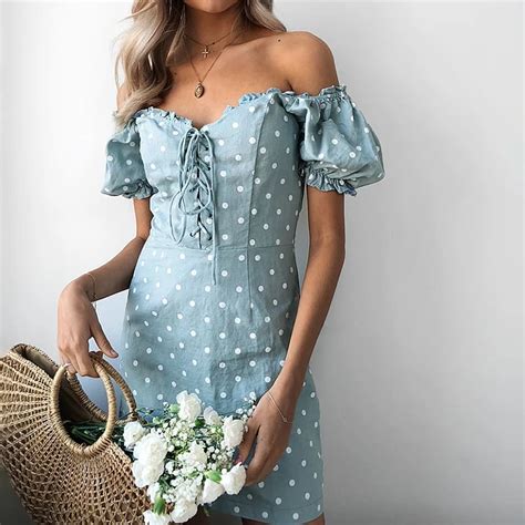 Nlw Women Summer Dress 2019 Blue Sundress Polka Dot Lace Up Ruffle Puff