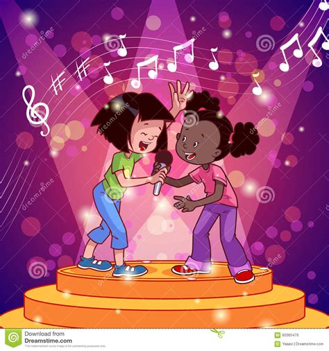 Cartoon Girls Singing With A Microphone Stock Vector