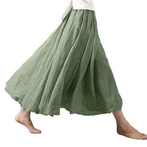 Women Linen Cotton Long Maxi Skirts Solid Color Elastic Waist Pleated Beach Boho Elegant Skirts