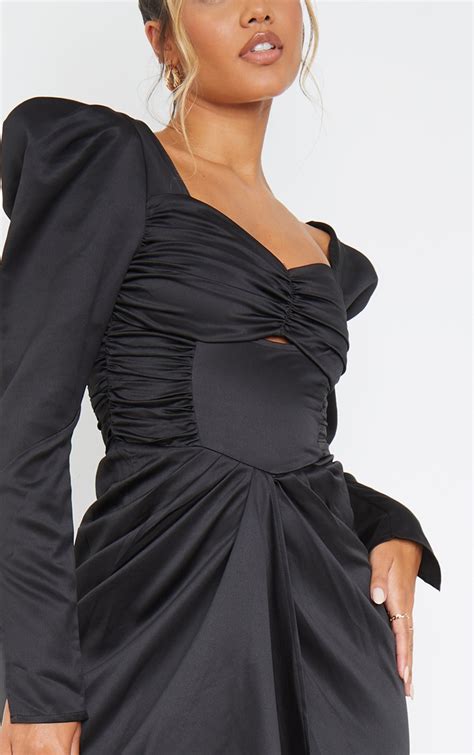 Black Satin Ruched Detail Puff Sleeve Draped Midi Dress Prettylittlething