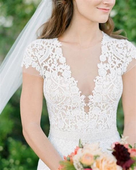 Deep V Neck Lace Wedding Dress With Cap Sleeves Emmalovesweddings