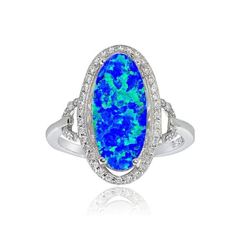 Sterling Silver Created Blue Opal And Cubic Zirconia Oval Ring