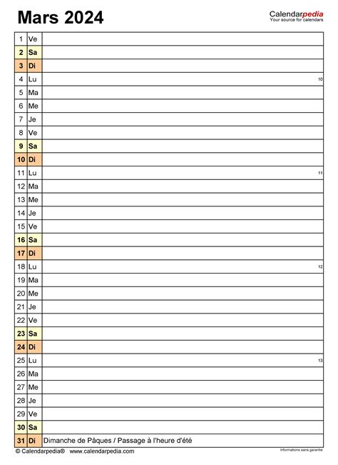 Calendrier Mars 2024 Excel Word Et Pdf Calendarpedia