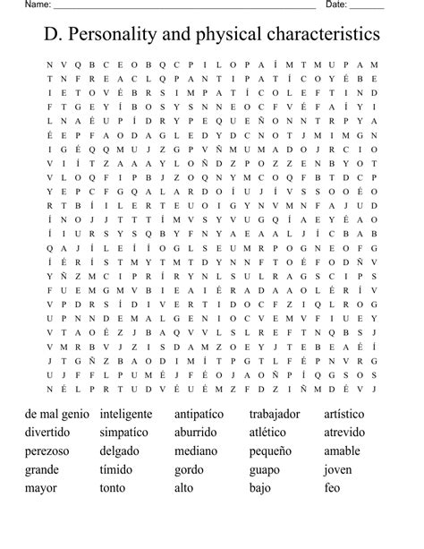 D Personality And Physical Characteristics Word Search Wordmint