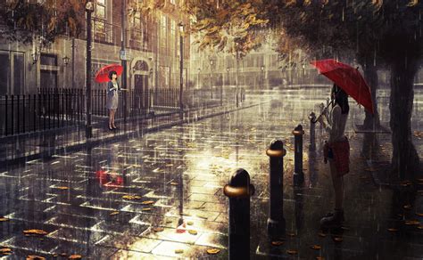 Woman Holding Red Umbrella Standing Along The Way During Rainy Day Hd