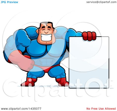 Clipart Of A Cartoon Buff Muscular Male Super Hero With A Blank Sign