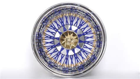 13x7 La Wire Wheels Reverse 72 Spoke Cross Lace Blue Spokegoldchrome