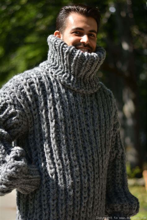 Hand Knitted Soft Merino Blend Chunky Tneck Sweater Mens In Graytm5