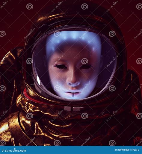 Woman Astronaut Futuristic Alien Face Portrait Retro Gold Spacesuit Space Helmet Stock