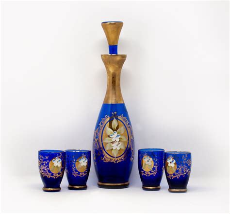 Vintage Bohemian Glass Blue Decanter Set With 4 Cordial Etsy Bohemian Glass Vintage