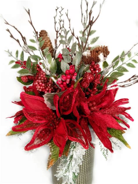 Christmas Centerpiece Holiday Floral Arrangement Poinsettia Red Silver