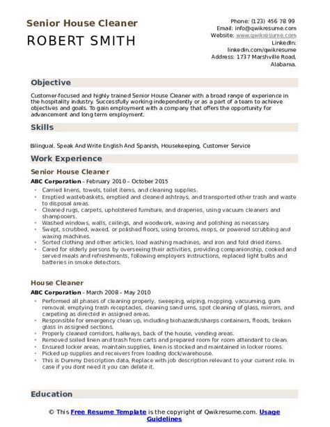 Find out how to write one with our stunning personal profile examples. House Cleaner Resume Samples | QwikResume