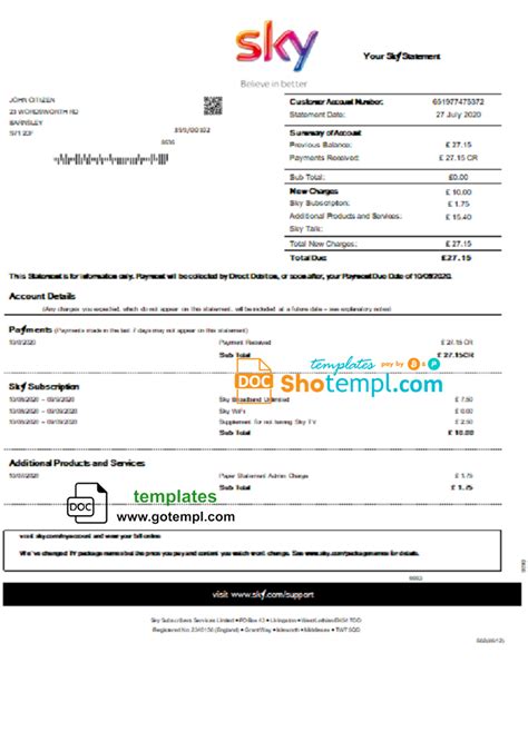 United Kingdom Sky Utility Bill Statement Template In Word And Pdf