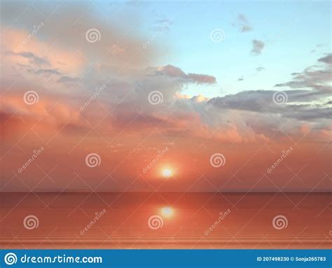 Pink Sunset On Blue Pink Sky Yellow Clouds Skyline Water Sea