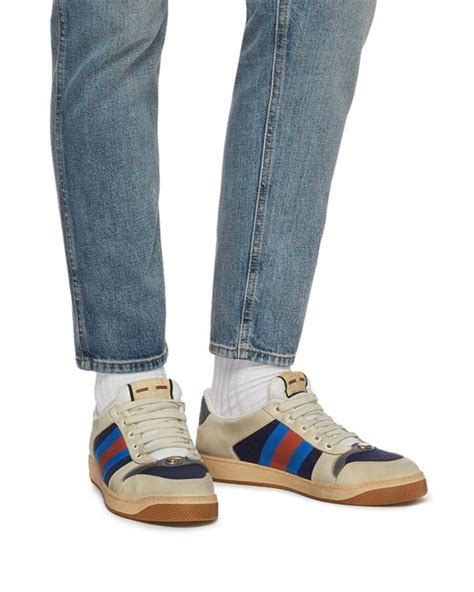 Gucci Screener Web Stripe Distressed Leather Sneakers In Blue For Men