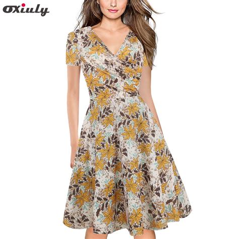 Oxiuly Summer Print Dress Fashion Women Short Sleeve A Line Casual Dress Knee Length Elegant