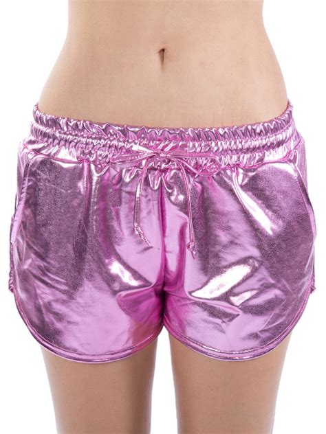 dmagnates women metallic shorts patent leather shorts shiny pants with drawstring hot rave dance
