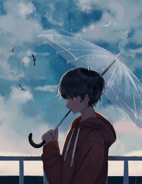 Animeboy Umbrella Rain Gambar Sedih Gambar Animasi Kartun Gambar