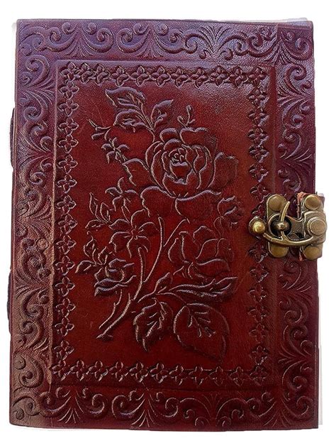 Vintage Retro Notebook With Real Leather Cover With Embossed Rose In
