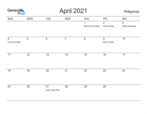 April 2021 Calendar With Philippines Holidays