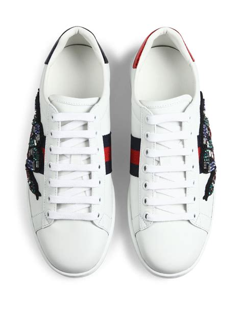 Gucci New Ace Crystal Embroidered Snake Leather Low Top Sneakers Lyst