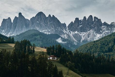 The Landscape Around Santa Magdalena Village Dolomites Italy Stock